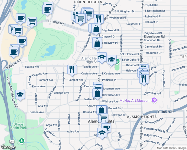 map of restaurants, bars, coffee shops, grocery stores, and more near 124 Castano Avenue in San Antonio