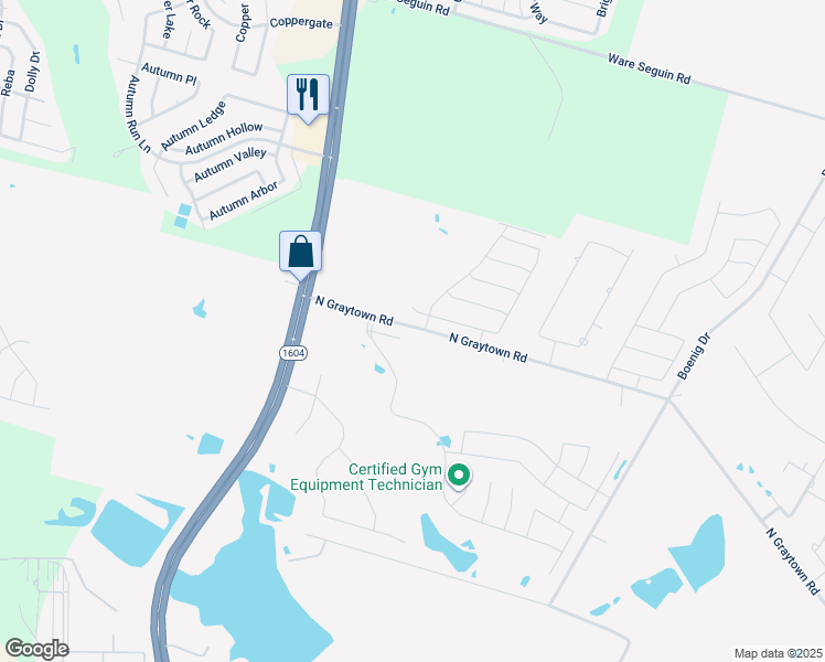 map of restaurants, bars, coffee shops, grocery stores, and more near 10118 Helios Heights in Converse