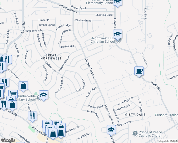 map of restaurants, bars, coffee shops, grocery stores, and more near 8407 Timber Flat Street in San Antonio
