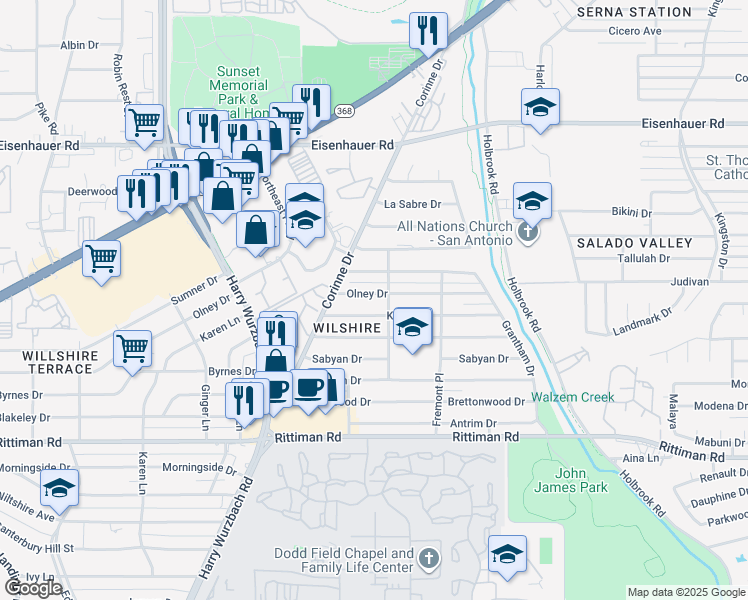 map of restaurants, bars, coffee shops, grocery stores, and more near 934 Olney Drive in San Antonio