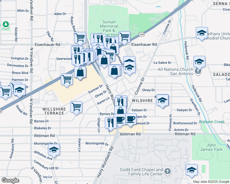 map of restaurants, bars, coffee shops, grocery stores, and more near 14 Harry Wurzbach Road in San Antonio