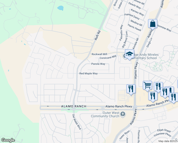 map of restaurants, bars, coffee shops, grocery stores, and more near 12518 Lake Whitney in San Antonio