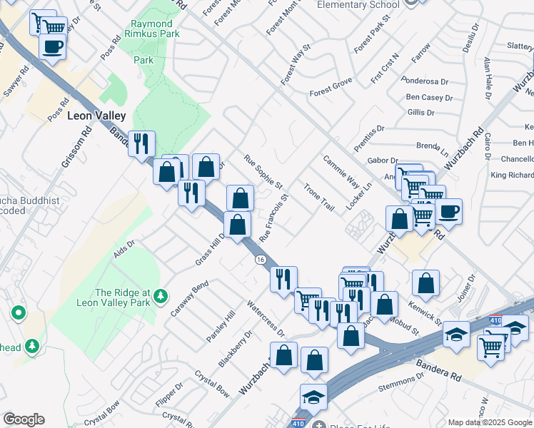 map of restaurants, bars, coffee shops, grocery stores, and more near 6101 Rue Francois Street in Leon Valley