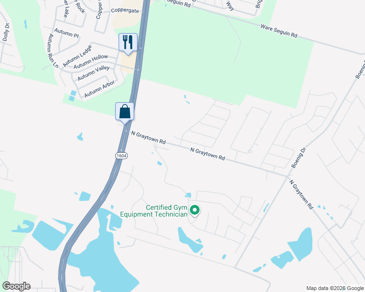 map of restaurants, bars, coffee shops, grocery stores, and more near 10118 Helios Heights in Converse