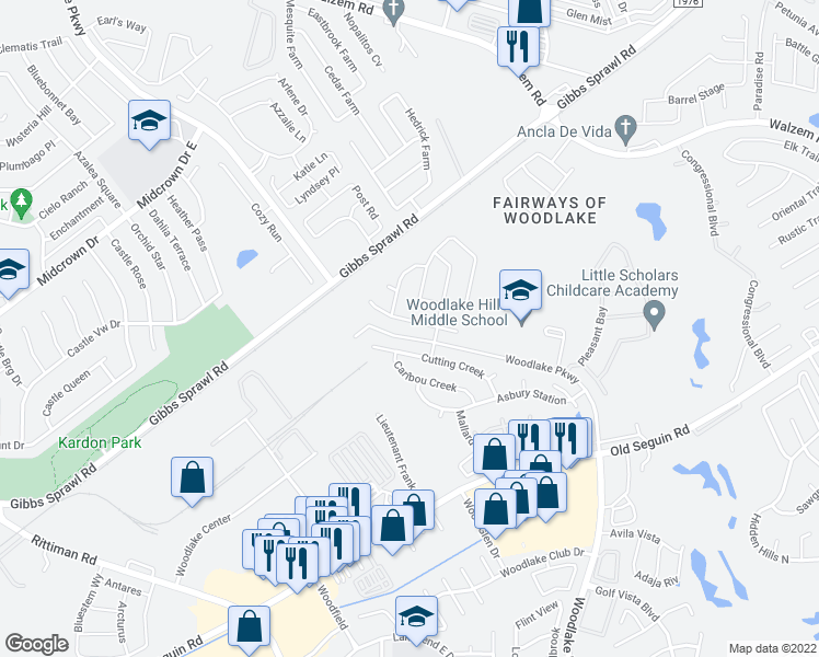 map of restaurants, bars, coffee shops, grocery stores, and more near 6810 Dashmoor Creek in San Antonio
