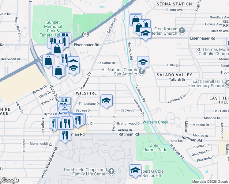 map of restaurants, bars, coffee shops, grocery stores, and more near 1102 Olney Drive in San Antonio