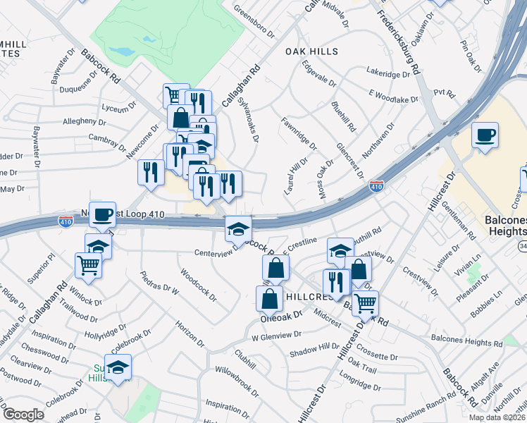 map of restaurants, bars, coffee shops, grocery stores, and more near 3903 Crestridge Drive in San Antonio
