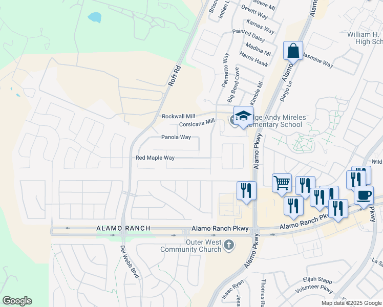map of restaurants, bars, coffee shops, grocery stores, and more near 12410 Lake Whitney in San Antonio