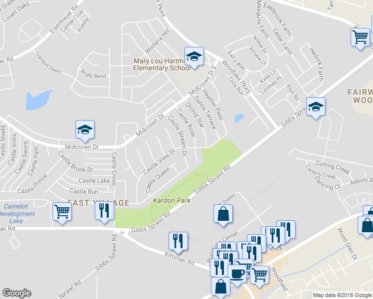 map of restaurants, bars, coffee shops, grocery stores, and more near 4734 Castle Stream Drive in San Antonio