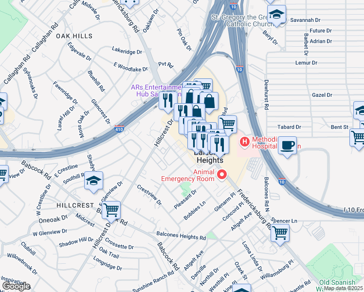map of restaurants, bars, coffee shops, grocery stores, and more near 800 Gentleman Road in San Antonio