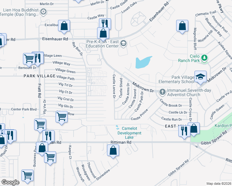 map of restaurants, bars, coffee shops, grocery stores, and more near 4838 Castle Lance in San Antonio