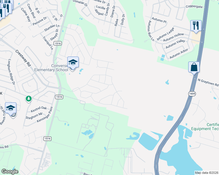 map of restaurants, bars, coffee shops, grocery stores, and more near 6534 Farm to Market 1516 in Converse
