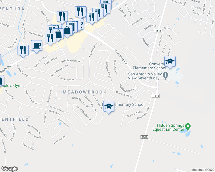 map of restaurants, bars, coffee shops, grocery stores, and more near 8234 Morning Grove in Converse