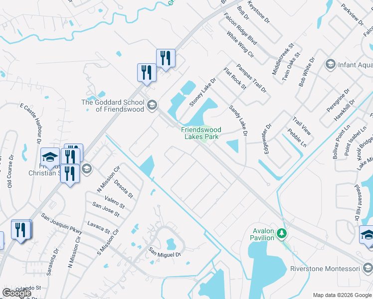 map of restaurants, bars, coffee shops, grocery stores, and more near 1817 Avery Lane in Friendswood