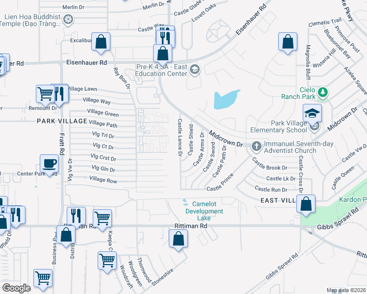 map of restaurants, bars, coffee shops, grocery stores, and more near 4838 Castle Lance in San Antonio