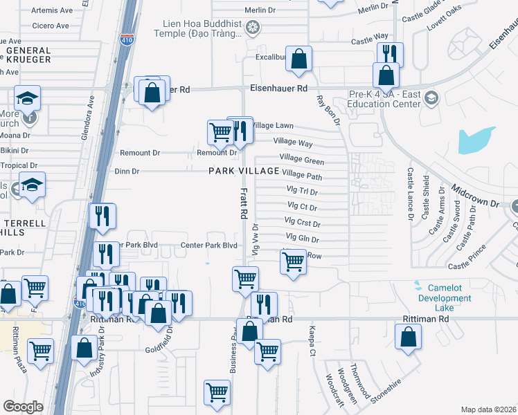 map of restaurants, bars, coffee shops, grocery stores, and more near 4803 Village View in San Antonio