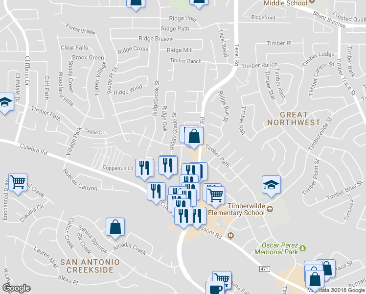 map of restaurants, bars, coffee shops, grocery stores, and more near 6042 Ridge Field Street in San Antonio