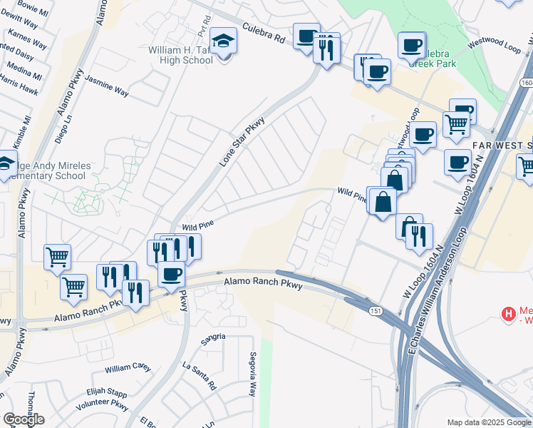 map of restaurants, bars, coffee shops, grocery stores, and more near 11580 Wild Pine in San Antonio