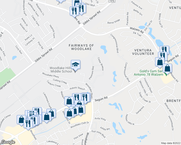 map of restaurants, bars, coffee shops, grocery stores, and more near 6735 Pleasant Bay in San Antonio