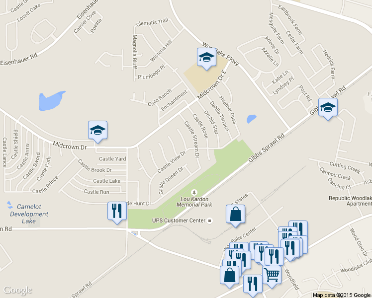 map of restaurants, bars, coffee shops, grocery stores, and more near 4803 Castle Pine Drive in San Antonio