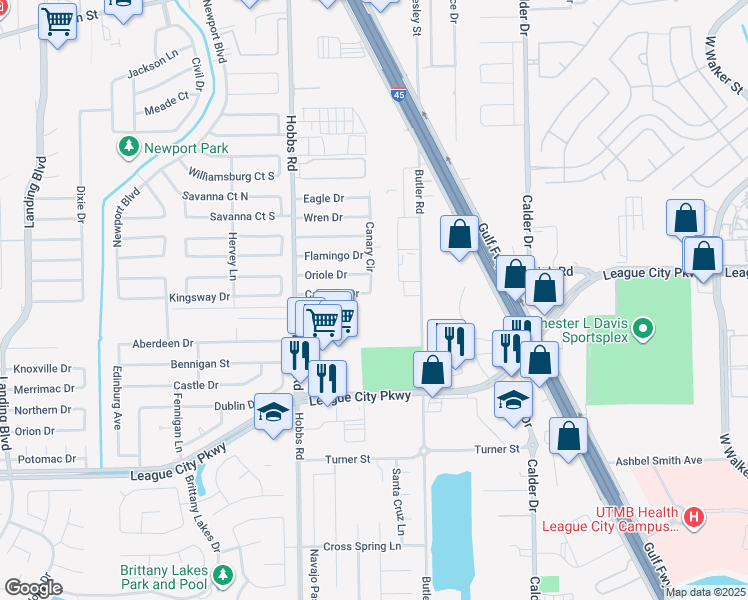 map of restaurants, bars, coffee shops, grocery stores, and more near 1727 Canary Circle in League City