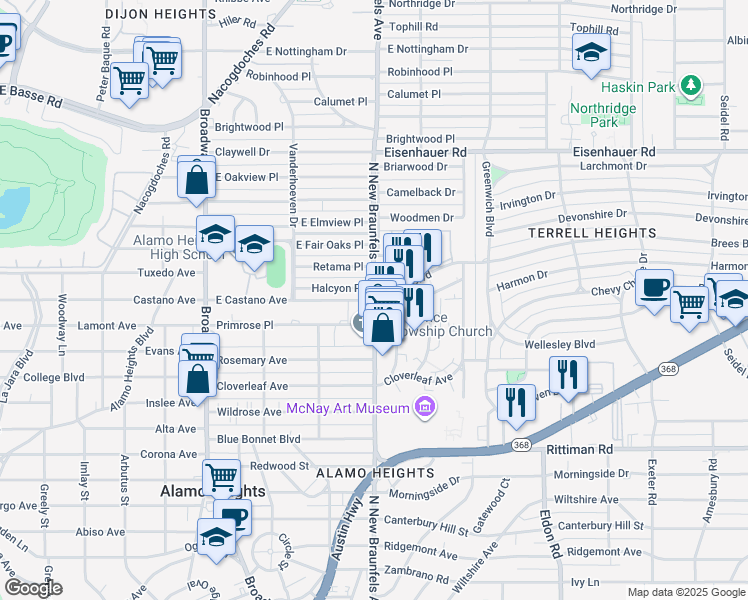 map of restaurants, bars, coffee shops, grocery stores, and more near in San Antonio