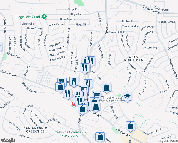 map of restaurants, bars, coffee shops, grocery stores, and more near Timber Path & Tezel Rd in San Antonio
