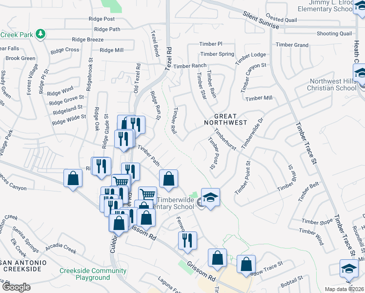 map of restaurants, bars, coffee shops, grocery stores, and more near 5603 Timber Rail in San Antonio