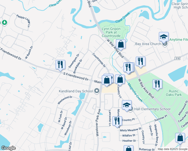 map of restaurants, bars, coffee shops, grocery stores, and more near 110 Maple Leaf Drive in League City
