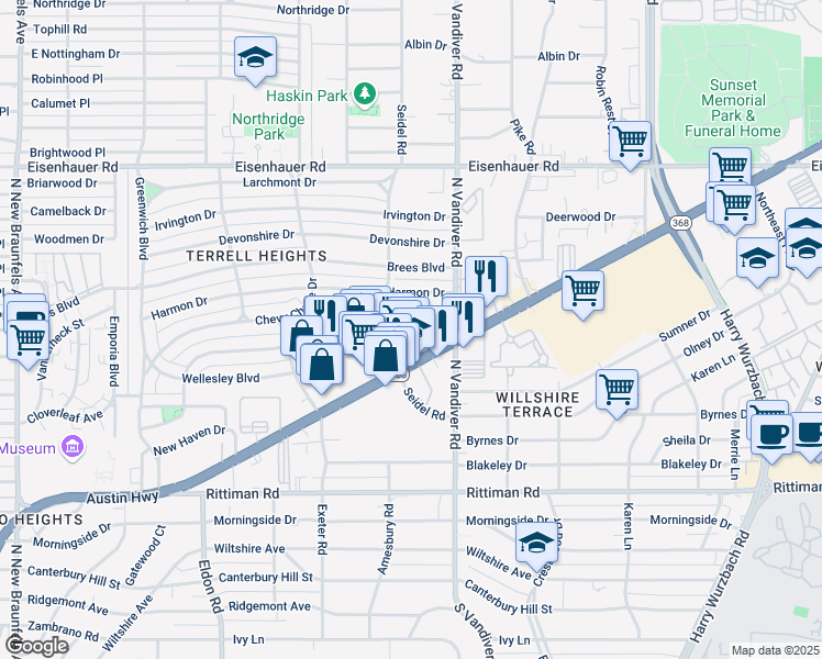 map of restaurants, bars, coffee shops, grocery stores, and more near 1259 Austin Highway in San Antonio