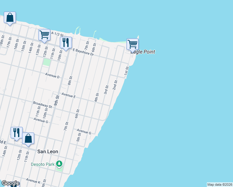 map of restaurants, bars, coffee shops, grocery stores, and more near 403 2nd Street in San Leon