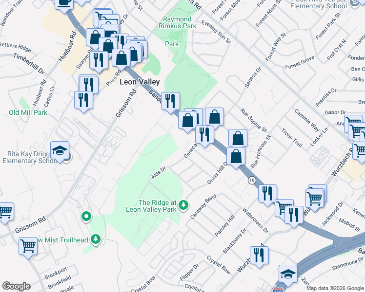 map of restaurants, bars, coffee shops, grocery stores, and more near 6110 Britania Court in San Antonio