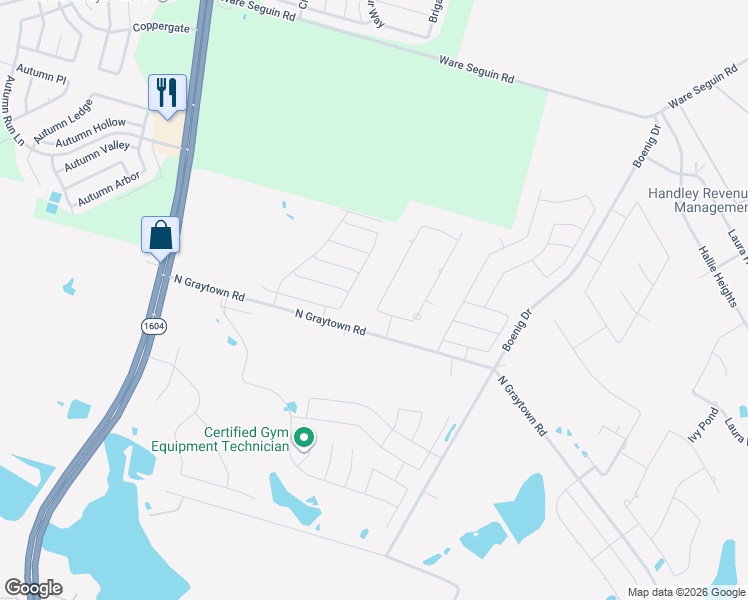 map of restaurants, bars, coffee shops, grocery stores, and more near 6407 Stearin Way in Converse