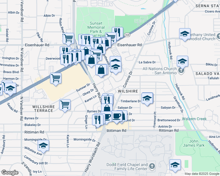 map of restaurants, bars, coffee shops, grocery stores, and more near 3400 Northeast Parkway in San Antonio