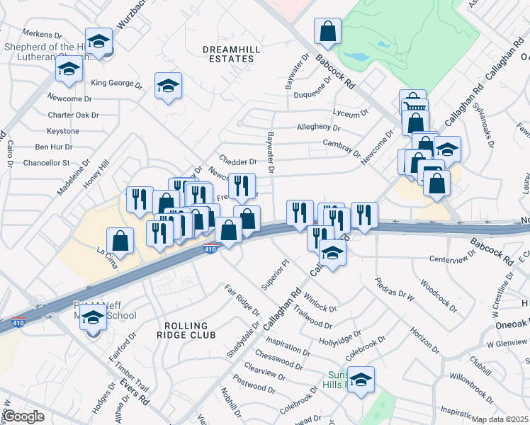 map of restaurants, bars, coffee shops, grocery stores, and more near 4711 Northwest Loop 410 in San Antonio