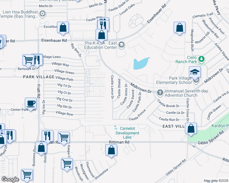 map of restaurants, bars, coffee shops, grocery stores, and more near 4838 Castle Lance in San Antonio