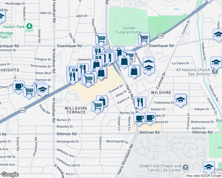 map of restaurants, bars, coffee shops, grocery stores, and more near 647 Sumner Drive in San Antonio