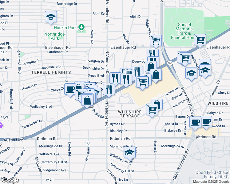 map of restaurants, bars, coffee shops, grocery stores, and more near 1320 Austin Highway in San Antonio