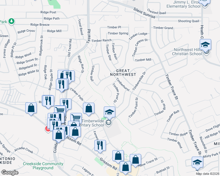 map of restaurants, bars, coffee shops, grocery stores, and more near 5423 Timbermont Street in San Antonio