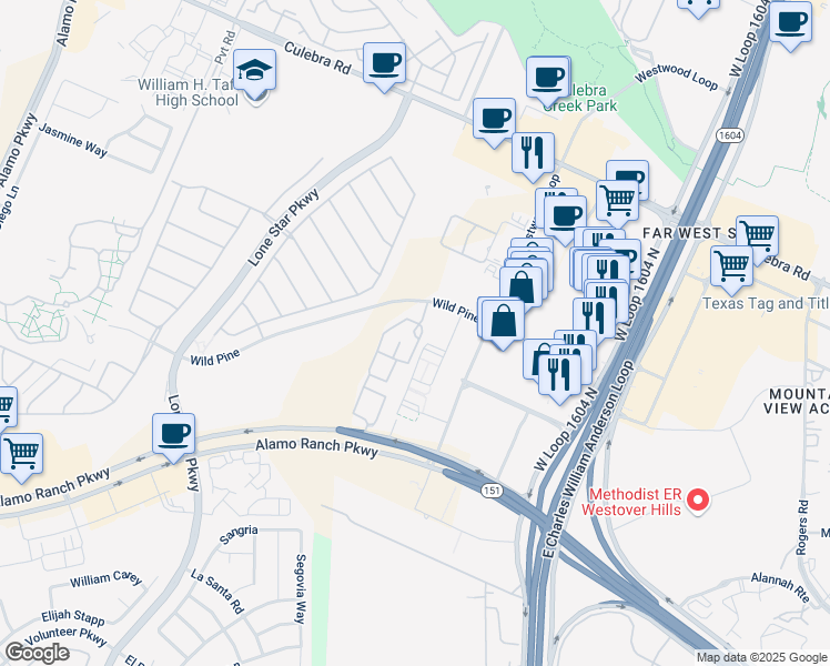 map of restaurants, bars, coffee shops, grocery stores, and more near 11300 Wild Pine in San Antonio