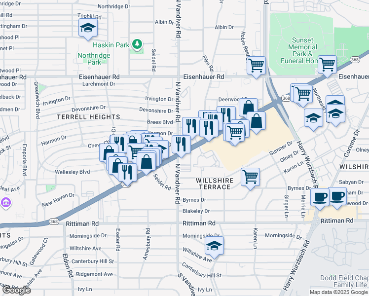 map of restaurants, bars, coffee shops, grocery stores, and more near 1315 Texas 368 Loop in San Antonio