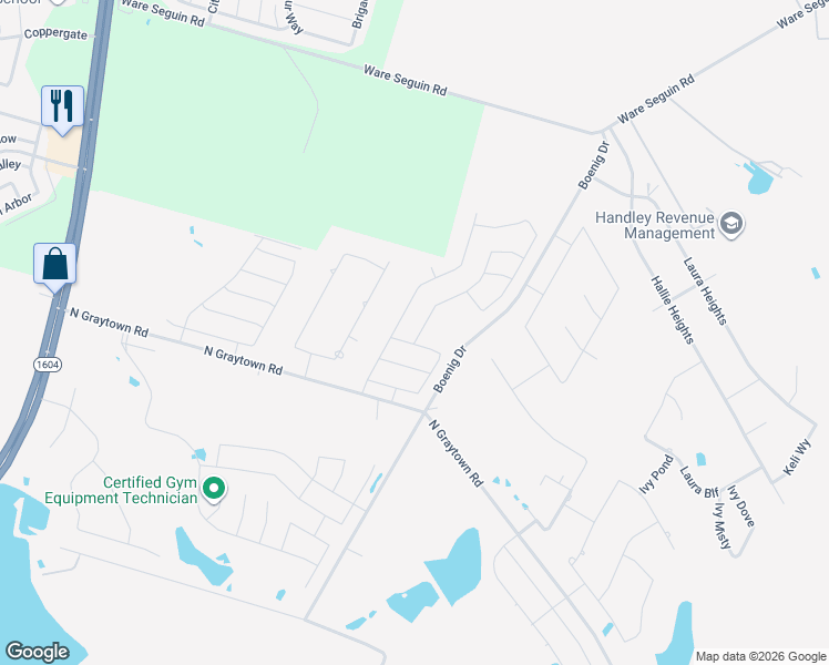 map of restaurants, bars, coffee shops, grocery stores, and more near 10601-10933 Boenig Drive in Converse