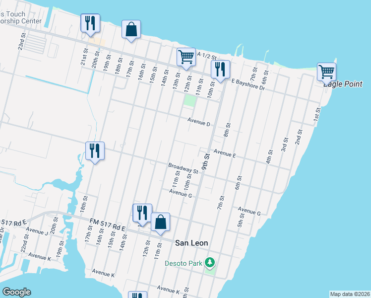 map of restaurants, bars, coffee shops, grocery stores, and more near 528 11th Street in San Leon