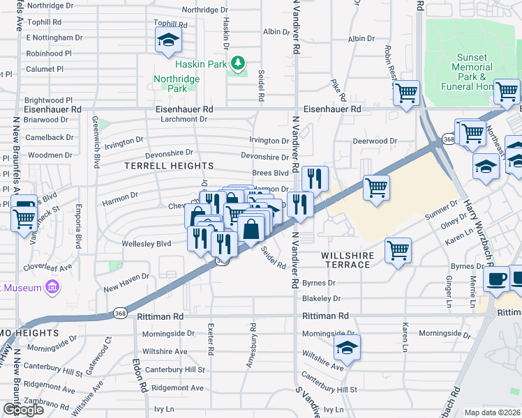 map of restaurants, bars, coffee shops, grocery stores, and more near 7060 Seidel Road in San Antonio