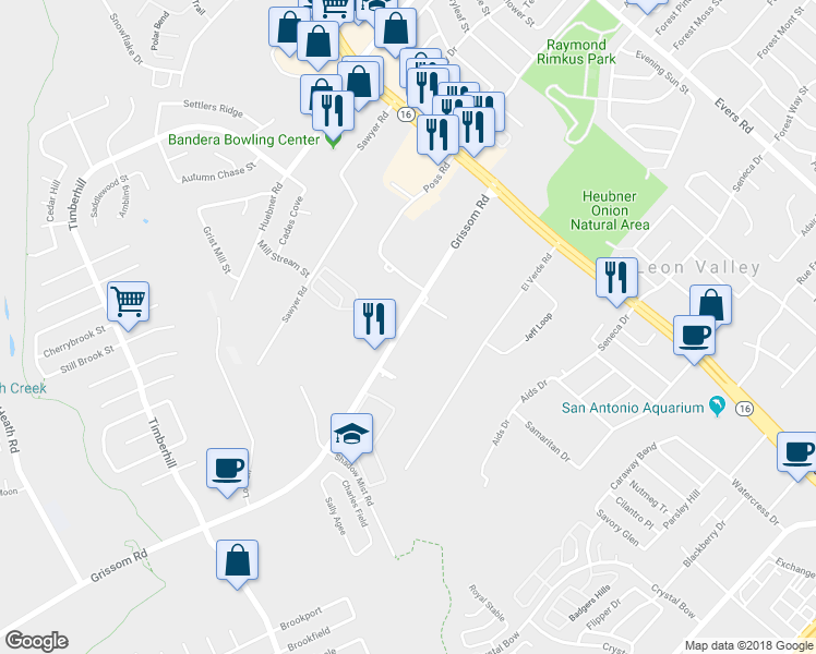 map of restaurants, bars, coffee shops, grocery stores, and more near 6200 Grissom Road in San Antonio