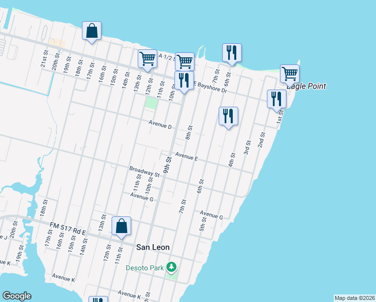 map of restaurants, bars, coffee shops, grocery stores, and more near 455 7th Street in San Leon