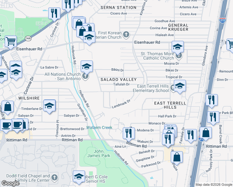 map of restaurants, bars, coffee shops, grocery stores, and more near 6723 Crosswell Street in San Antonio