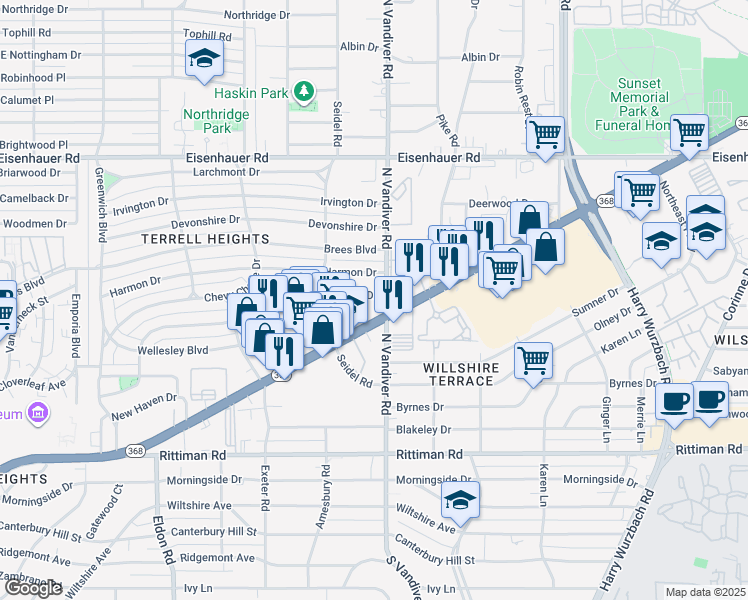 map of restaurants, bars, coffee shops, grocery stores, and more near 1315 Texas 368 Loop in San Antonio
