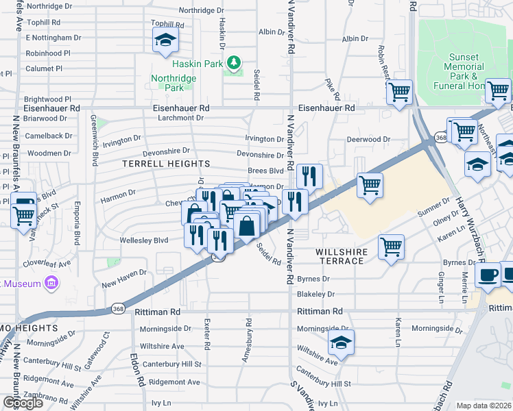 map of restaurants, bars, coffee shops, grocery stores, and more near 7060 Seidel Road in San Antonio