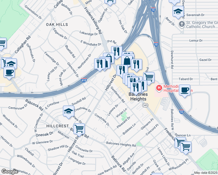 map of restaurants, bars, coffee shops, grocery stores, and more near 3230 Hillcrest Drive in Balcones Heights